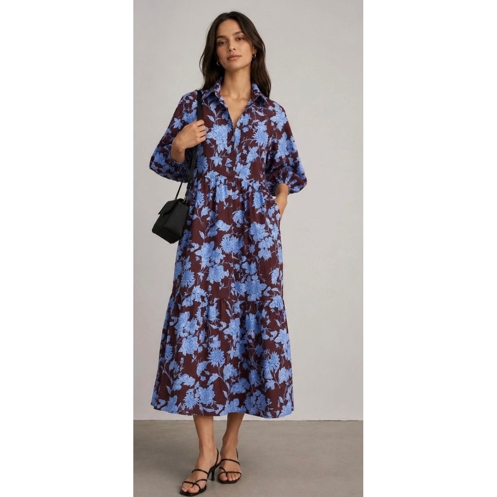 Anthropologie Maeve The Bettina Tiered Shirt Dress Blue Brown Floral Sz Small